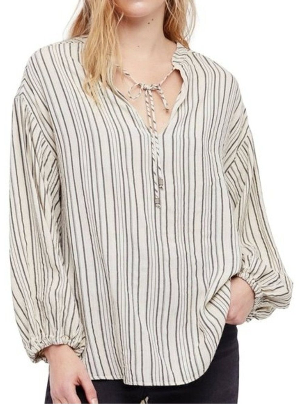 Free People Cream and Black Striped Tie-Neck Tunic